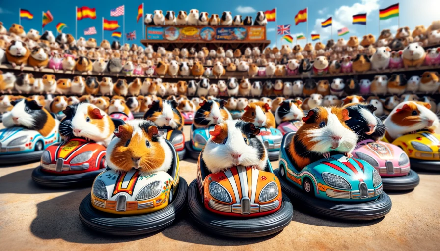 guniea pigs riding bumper cars