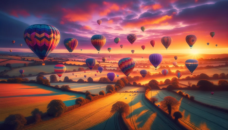 hot air balloons flying in sky, early morning sunrise in background, fields and trees below, whimsical, fun, playful