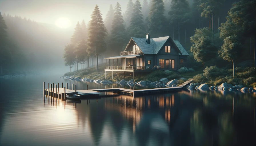 Lakeside house with dock on a foggy morning