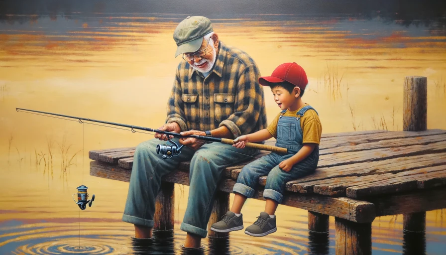 Painting of grandfather and grandson fishing by the side of a lake