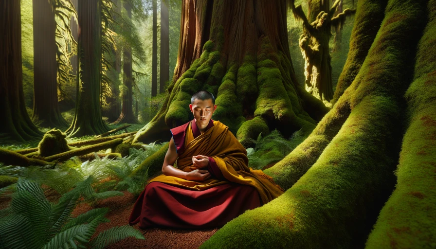 photo of a monk meditating in woods