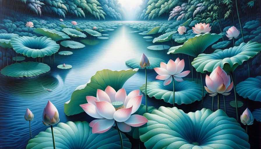 Photograph of a lotus flowers on a serene pond. Quite, calm, blue and green colors