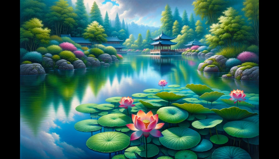 real photograph of a lotus flowers on a serene pond. Quite, calm, blue and green colors