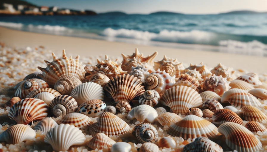 sea shells on sand, close up, ocean water blurred but nearby, sunny