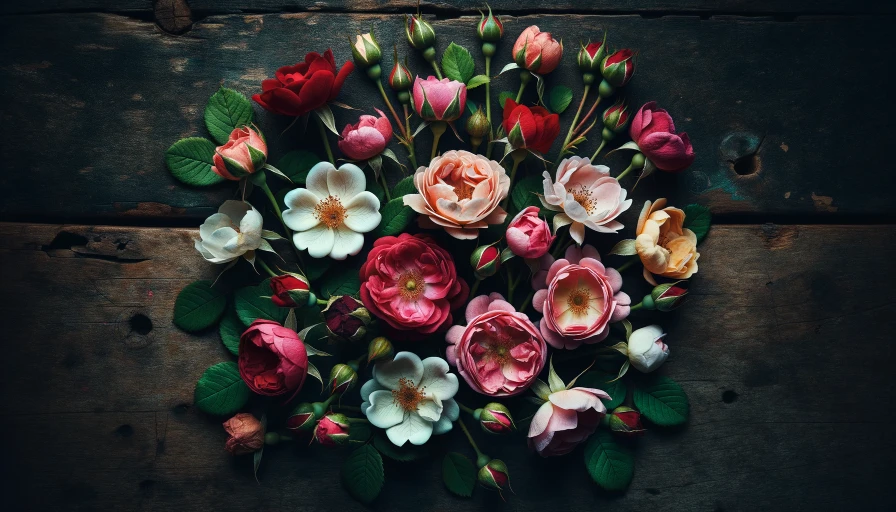 small batch of rose flowers, overhead camera view