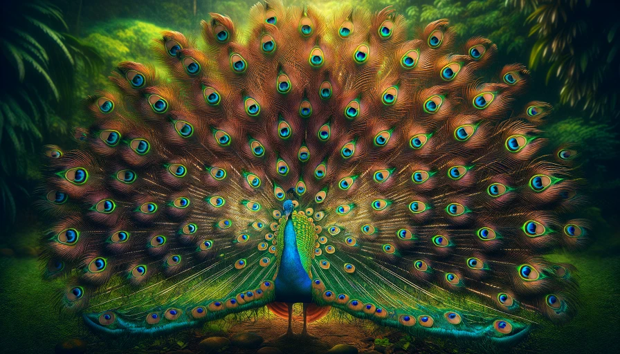 A colorful photo of a peacock with feathers spread out wide