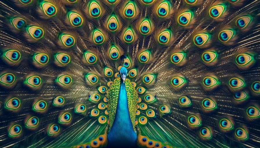 A colorful photo of a peacock with feathers spread out wide