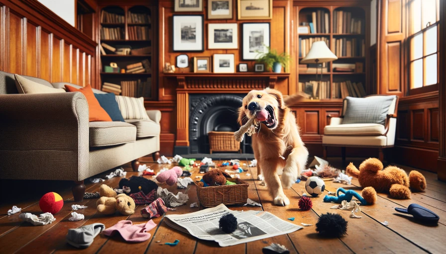 A Golden Retriever chewing up everything in a living room