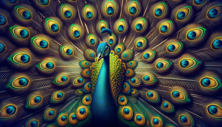 A photo of a peacock with feathers spread out wide