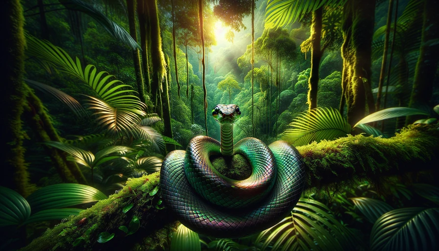 A photo of a snake curled up on a tree branch, close up, in a tropical rainforest