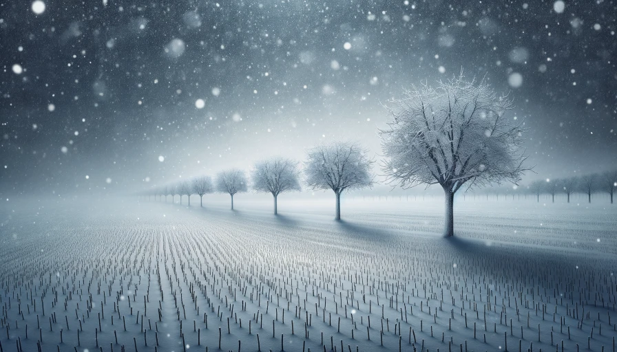 A snowy field, with snow failing