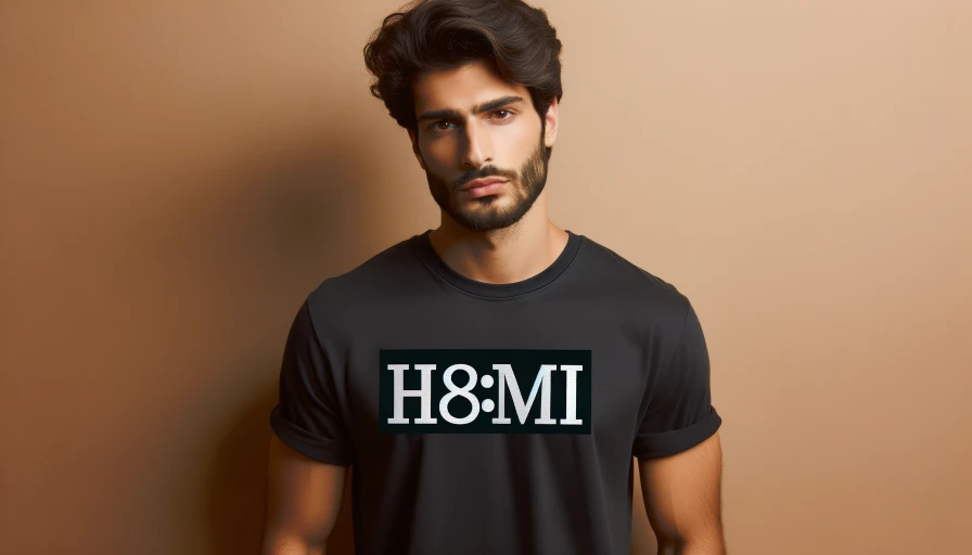 An image of a regular guy modeling at T-shirt that has the phrase "h8mi" written on it. T-shirt should be black with white letters.