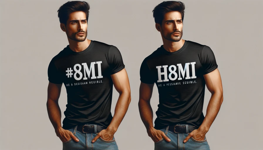 An image of a regular guy modeling at T-shirt that has the phrase "h8mi" written on it. T-shirt should be black with white letters.