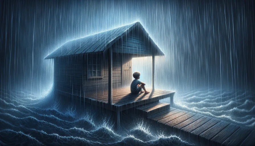 graphic art of a boy sitting on a porch, watching the rain. No rain should be on the porch deck