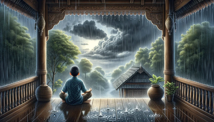 graphic drawing of a boy sitting on a porch, watching the rain