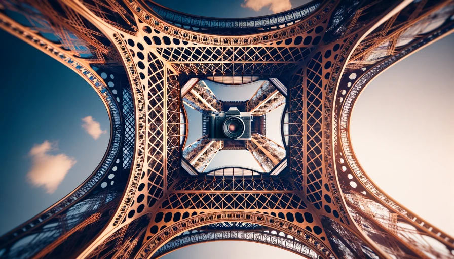 image of the Eiffel tower, camera close up and pointing upward, perspective is from the ground looking up