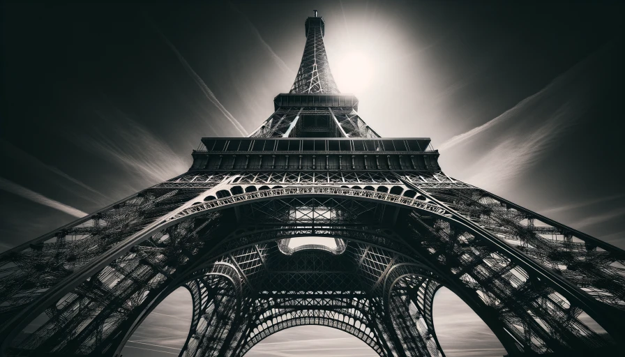 image of the Eiffel tower, perspective is from the ground looking up