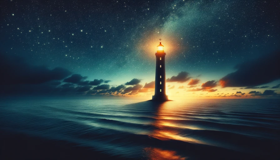 Ocean side lighthouse, night time, stars in sky