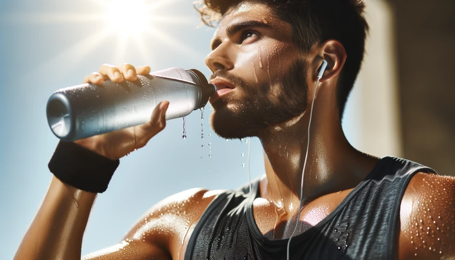 Photo of a Runner drinking water from aluminum water bottle. Hot sunny day