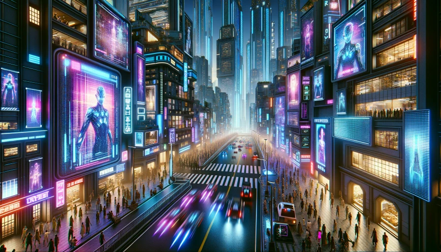 photo realistic picture of a futuristic cyberpunk city from a street view