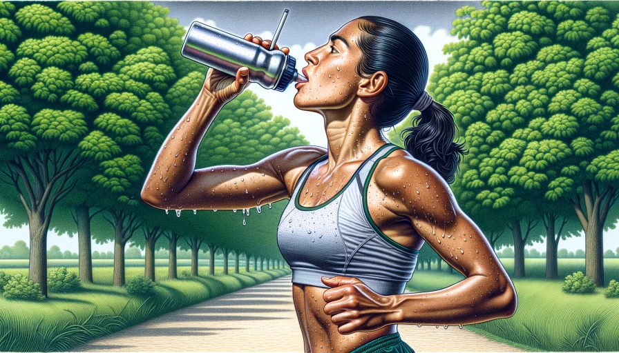 Runner drinking water from aluminum water bottle