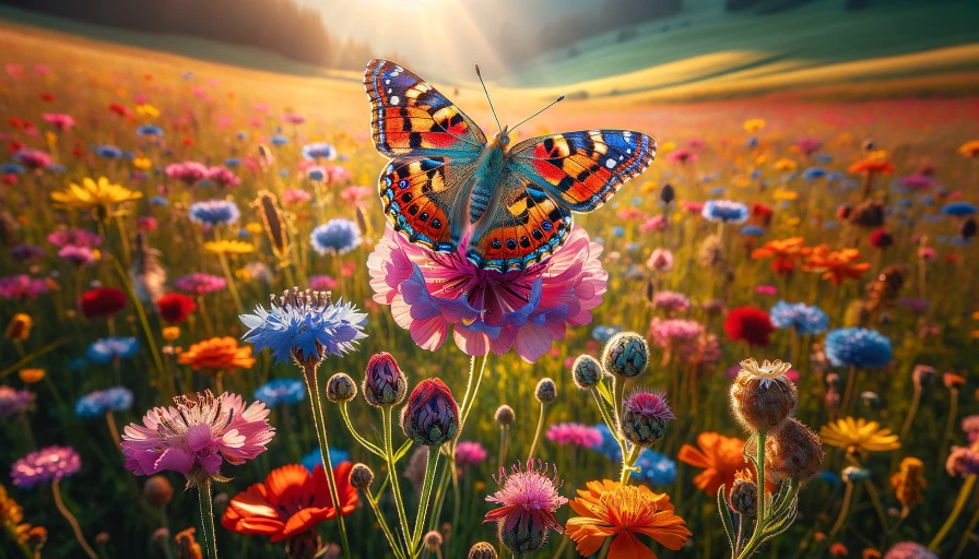 A colorful butterfly, in a field, on a flower