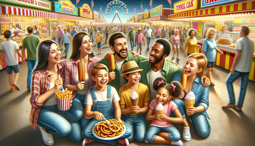 A family at a fair, eating corn dogs and funnel cake. Image should be photo realistic. Photograph