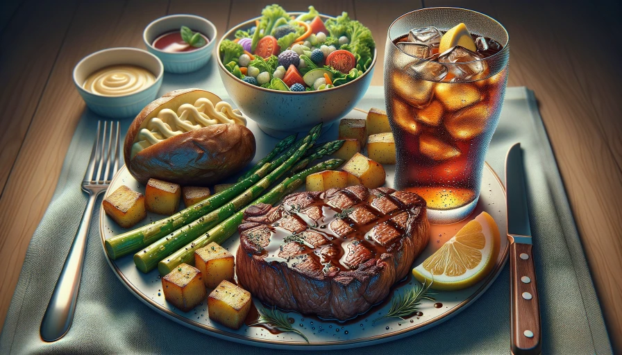 A plate of steak, baked potato, asparagus, a side salad in a bowl, glass of iced tea with lemon. Image should be close up, must be a realistic photo.