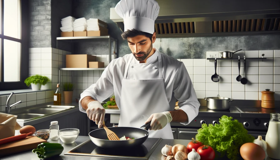 A professional chef in a kitchen cooking food in a frying pan