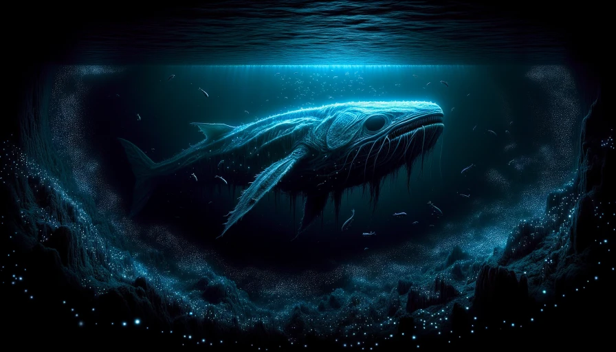 A real photograph very large sea monster in the deep dark ocean.