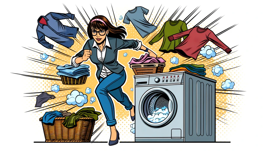 Comic book style mom doing the laundry really fast