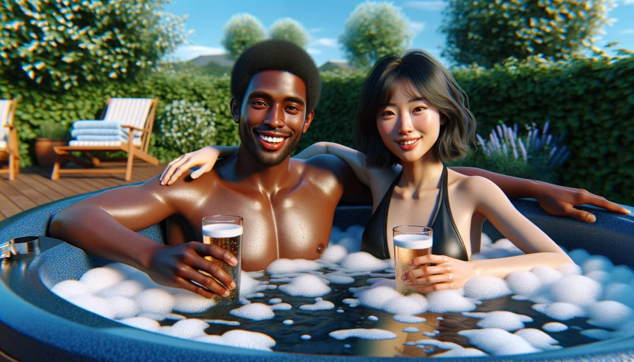 Life like photo of two people sitting on a hot tub