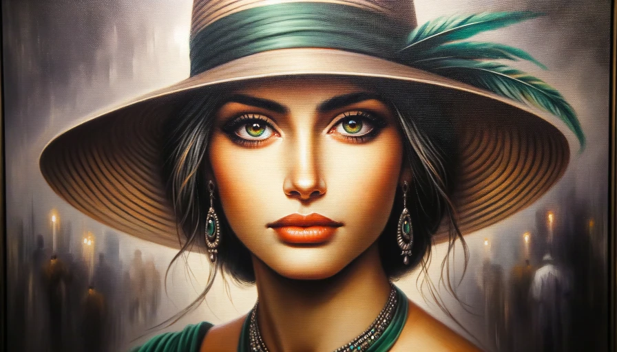 Painting of a lady in a hat looking straight ahead