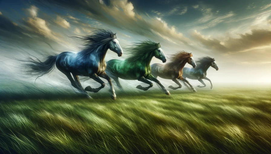 Three Horses running through a field. Picture should be tilted slightly