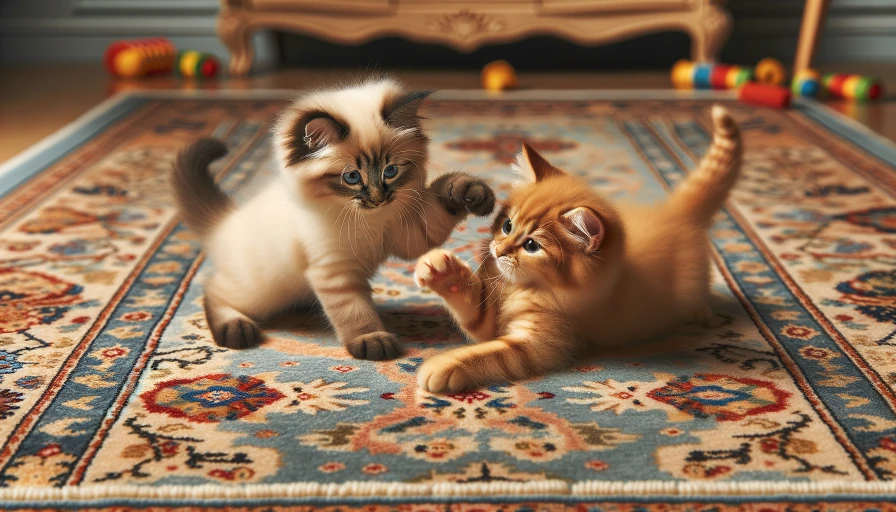 Two kittens playing on a carpeted floor