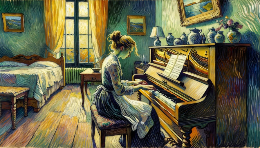 Van Gough style painting of a woman playing piano at home