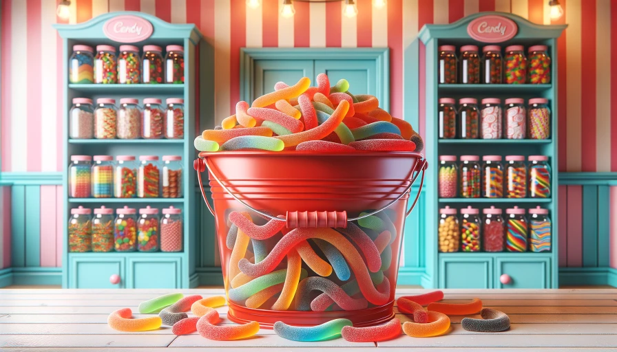 A bucket of gummy worms in a candy store. Photorealistic