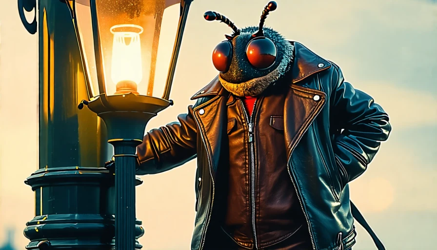 A bug dressed in a leather jacket, leaning against a light post, flipping a coin. Should be a night time sceen.