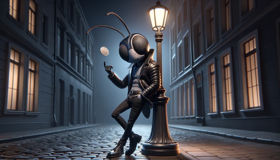 A bug dressed in a leather jacket, leaning against a light post, flipping a coin. Should be a night time sceen.