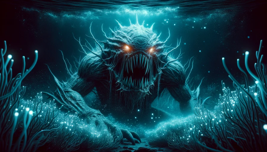 A huge scary looking sea monster in the dark ocean