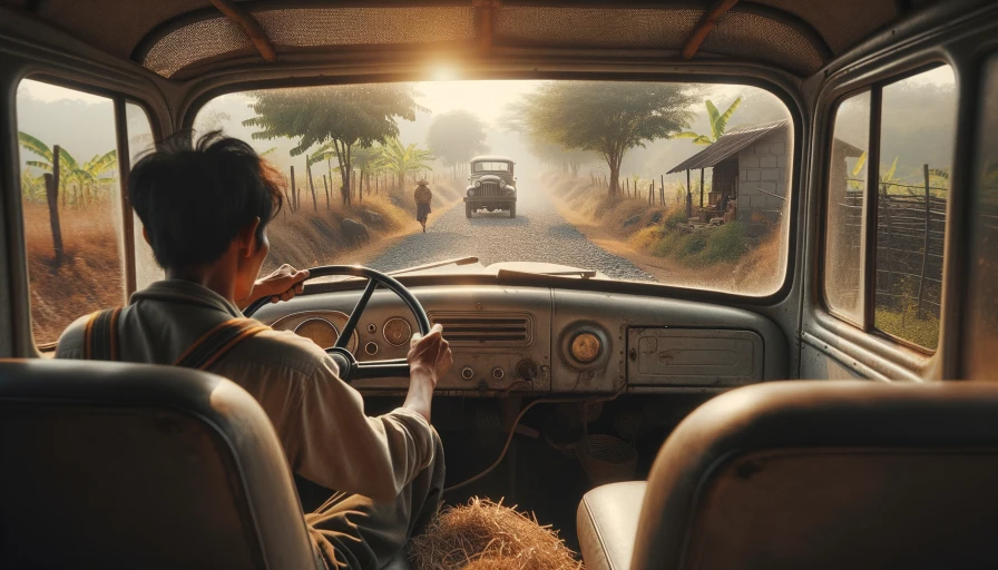 A man (a farmer) driving his old truck down a dirt road. The view should be from the inside of truck looking out at the road.