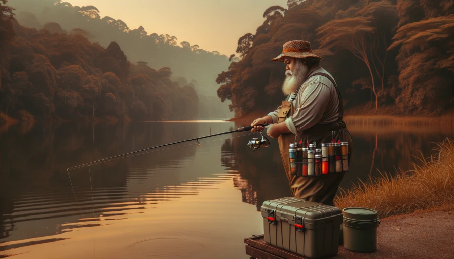 A portly man in fishing gear, fishing on a lake in the evening. Water should be calm. Trees on side of lake.