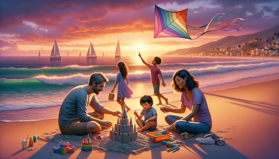 A realistic photo of a family on the beach