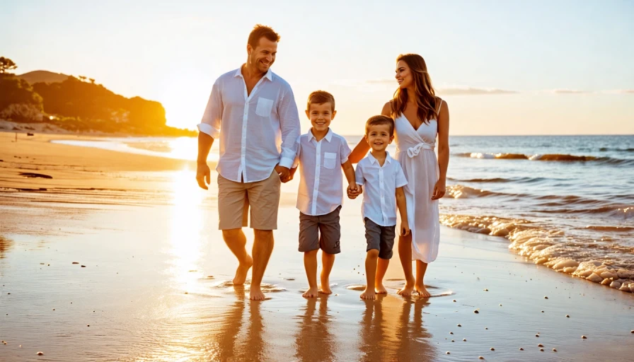 A realistic photo of a family on the beach. No distortion