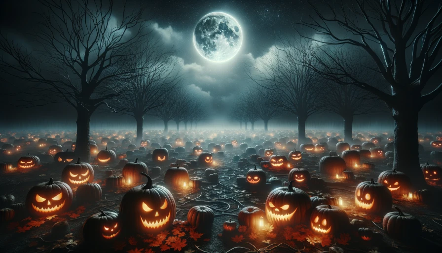 A scary pumpkin patch at night