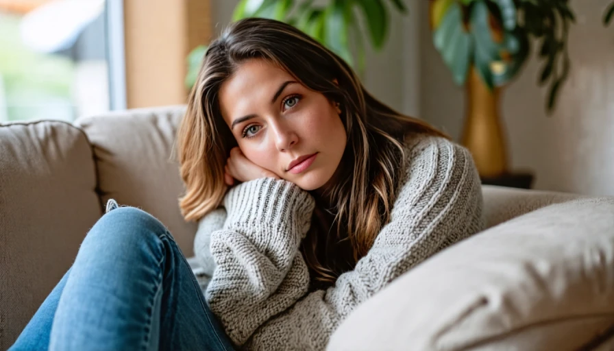 A tired mom sitting on couch