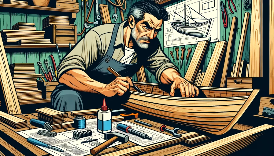 Comic art of a man in a garage building a boat