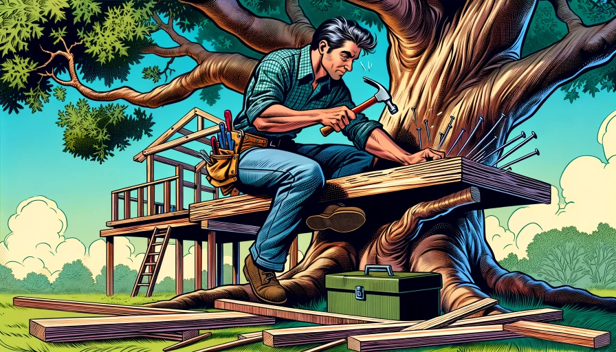 Comic book image of a Dad building a tree house