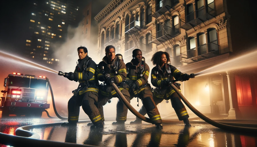 Firemen putting out a fire in an apartment building