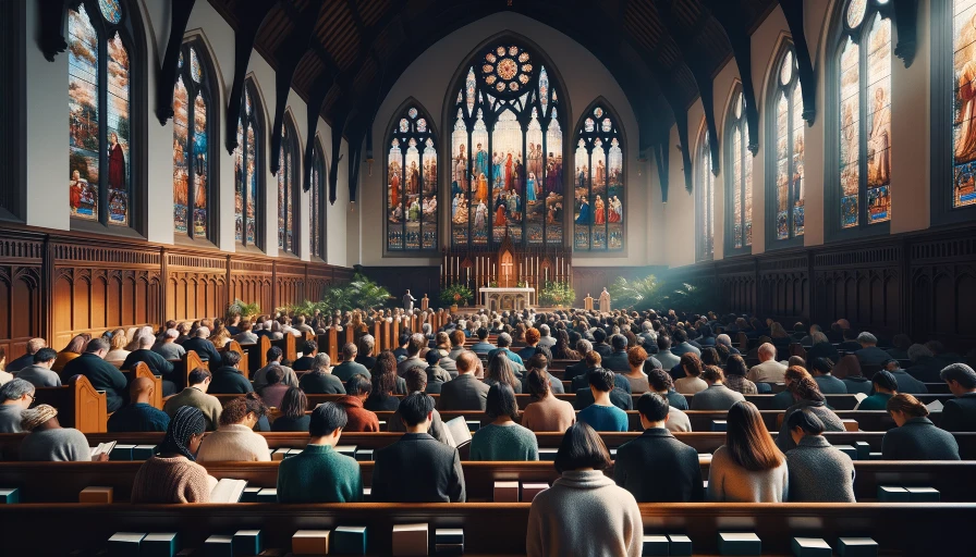 People in pews at a traditional church service on a Sunday morning. The view should be from the back